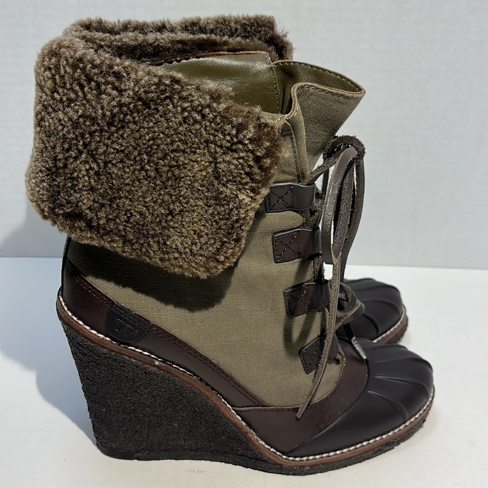 Tory Burch Wedge Brown/Washed Kahki/Charcoal Boots Sz 8 - Picture 5 of 13